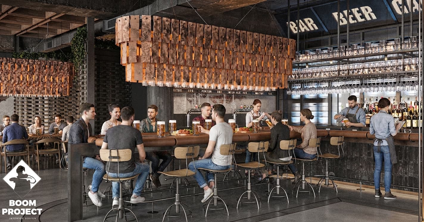Grill restaurant seating area with exposed brick, industrial lighting and open kitchen views