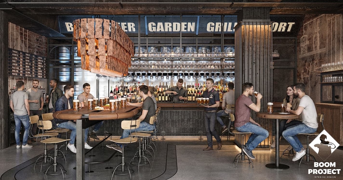 Beer Garden interior with communal tables, black metal furniture and suspended timber elements