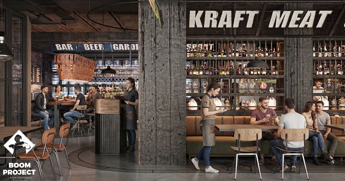 Main beer bar with illuminated shelving, industrial metalwork and extensive bottle display
