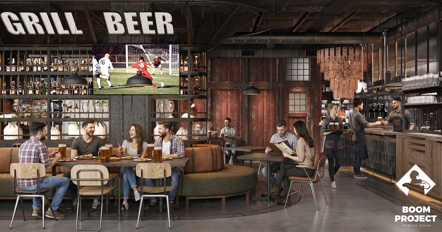 Beer Garden bar interior with concrete columns, open shelving and warm amber lighting