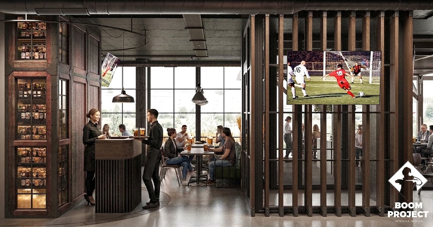 Dining area with aged brick walls, dark timber panelling and upholstered banquette seating