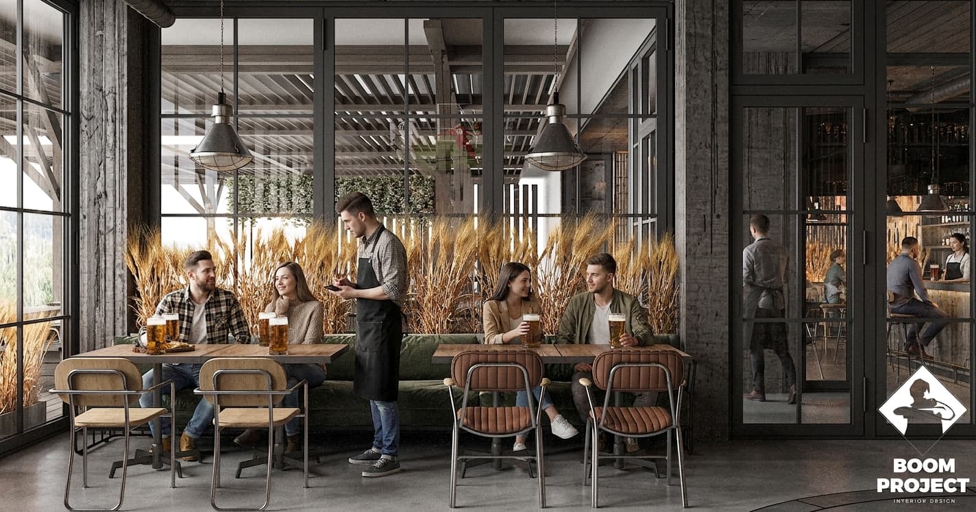 Restaurant seating beside panoramic windows with pendant lights and black metal partitions