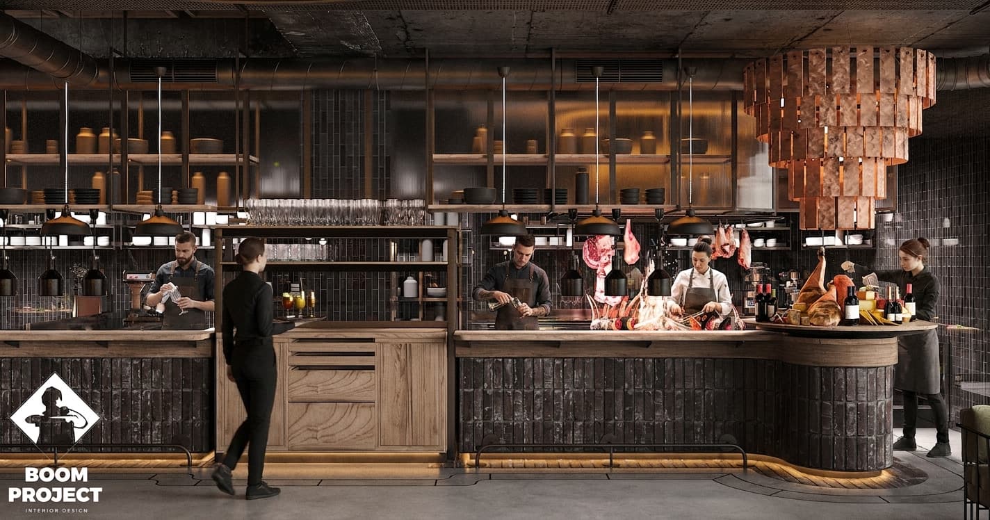 Industrial dining area with brick walls, custom bottle displays and varied seating