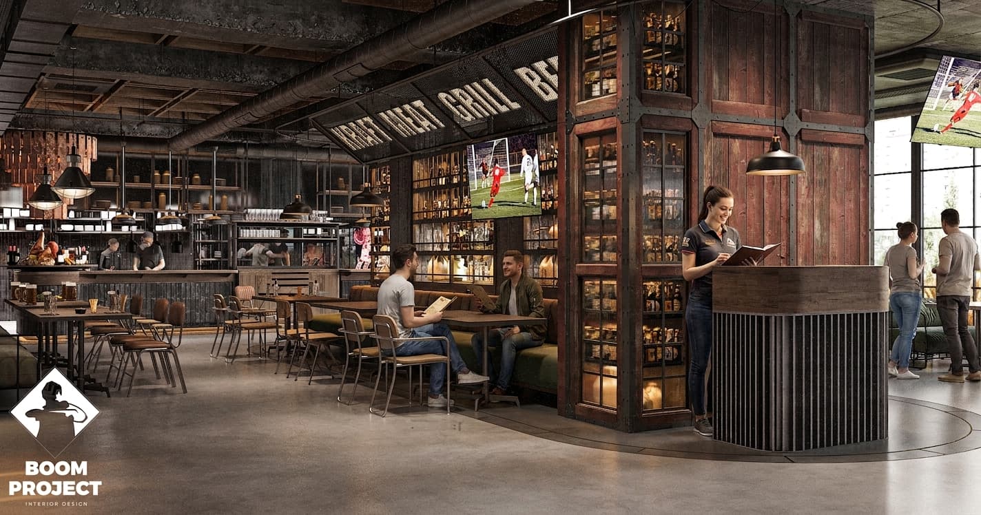 Open grill station with blackened metal counter, timber details and visible chefs