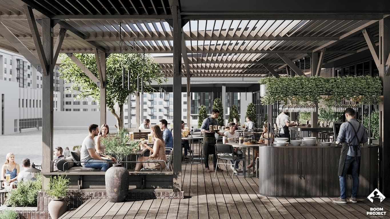 Beer Garden interior with glass bottle cabinets, brick walls and dark metal framing