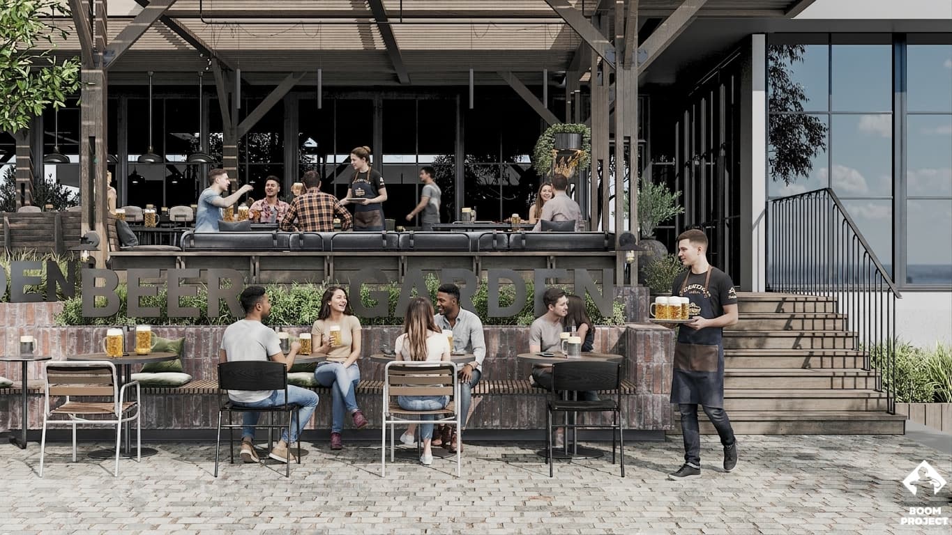 Covered terrace with communal tables, concrete planters and industrial roof structure