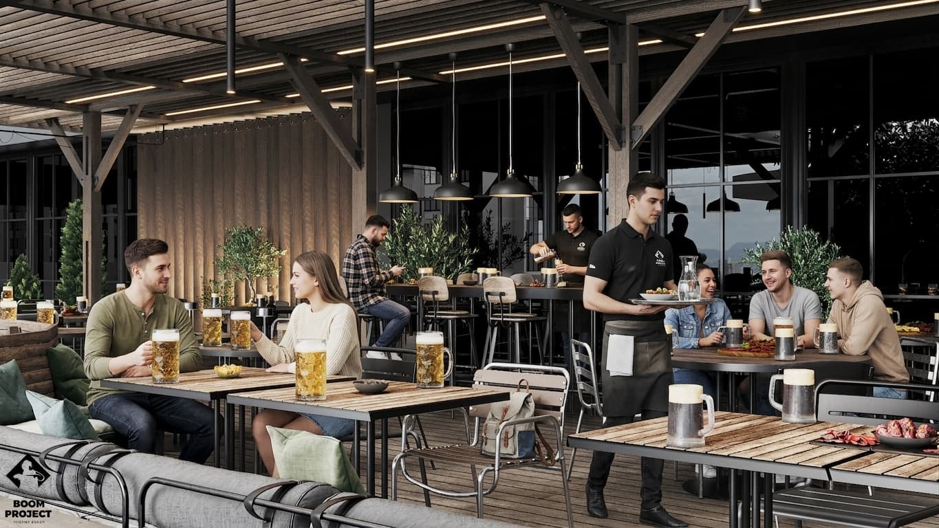 Outdoor Beer Garden seating with timber tables, metal chairs and integrated greenery