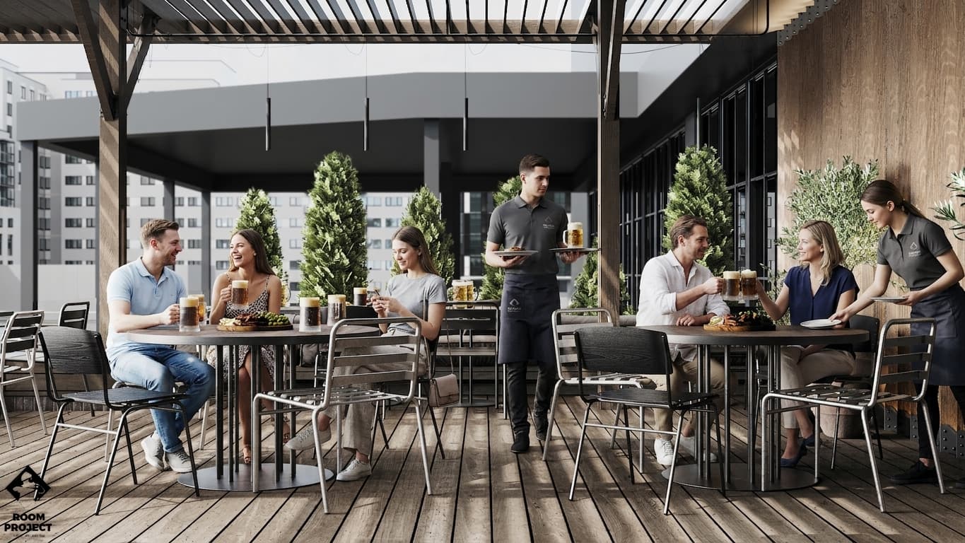 Open-air dining area with industrial canopy, custom lighting and communal furniture