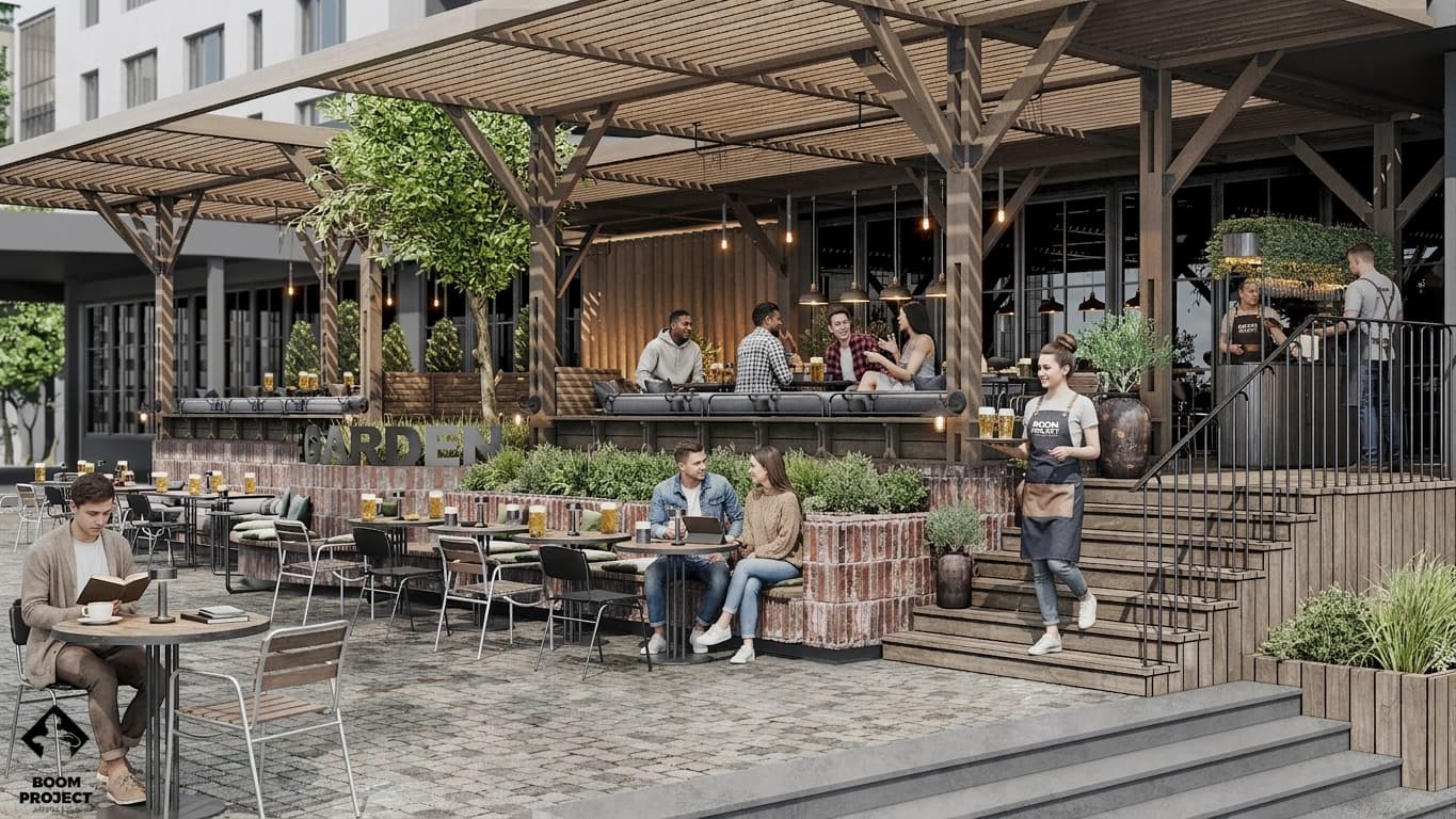 Beer Garden terrace with brick planters, greenery and flexible group seating