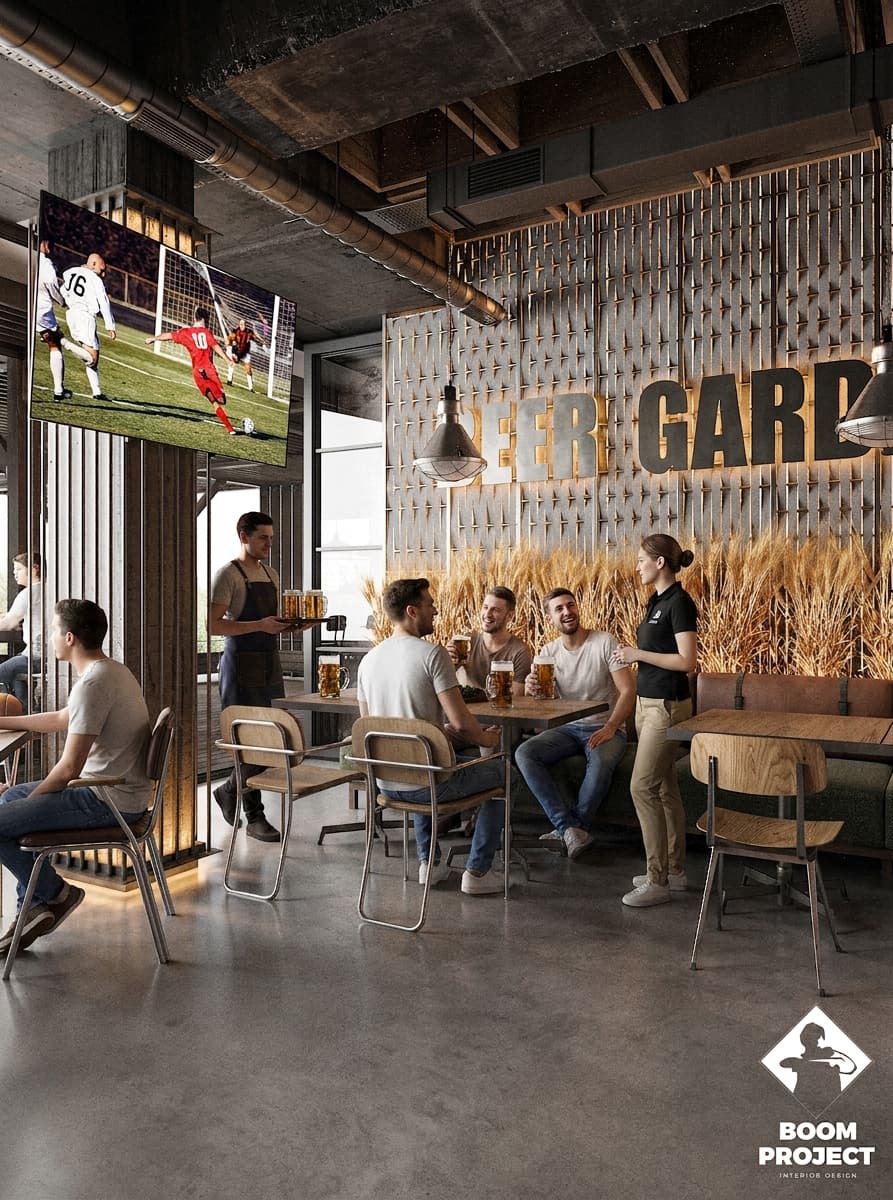 Main dining hall with sculptural timber ceiling, brick walls and industrial restaurant furniture