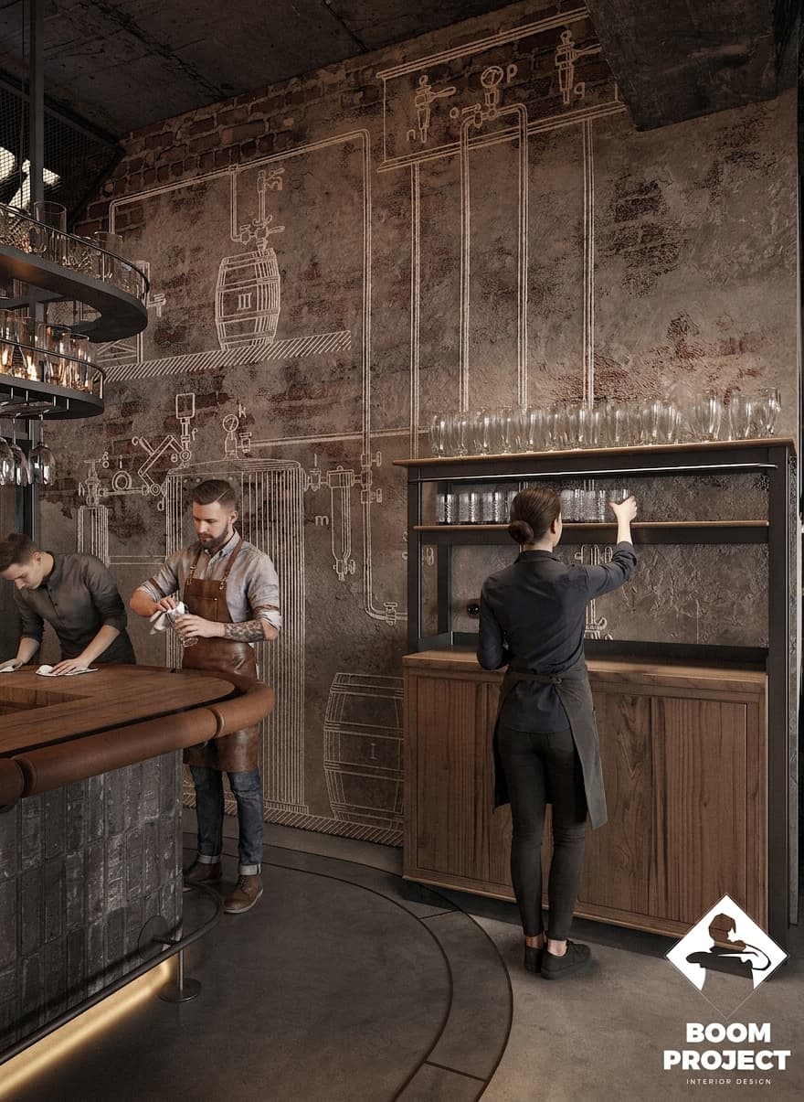 Open grill counter with blackened metal surfaces, concrete details and visible cooking area