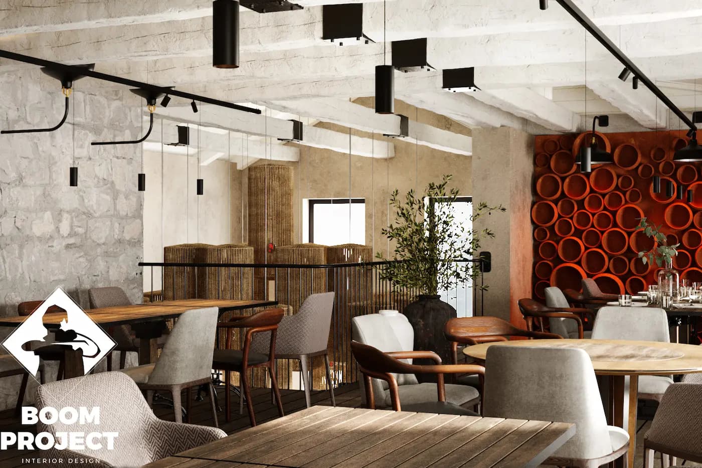 AL FORNO dining area with textured plaster walls and sculptural lighting