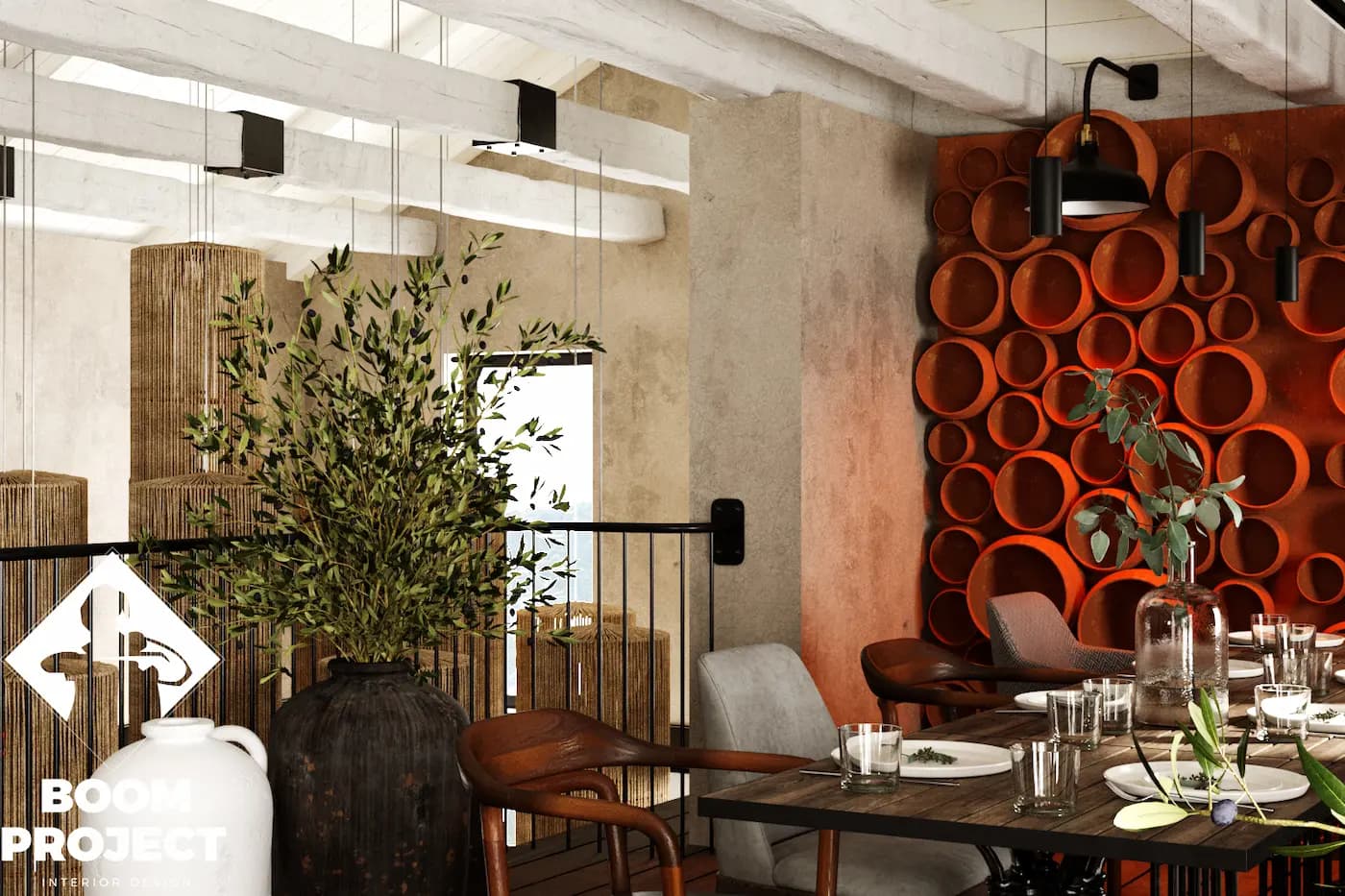 AL FORNO intimate dining corner beside the terracotta feature wall