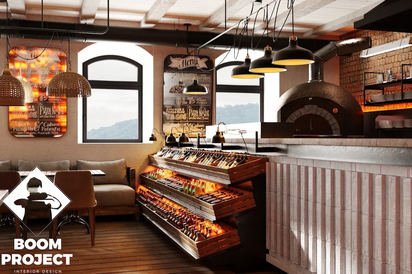 AL FORNO service counter with fresh food display and curved plaster surfaces