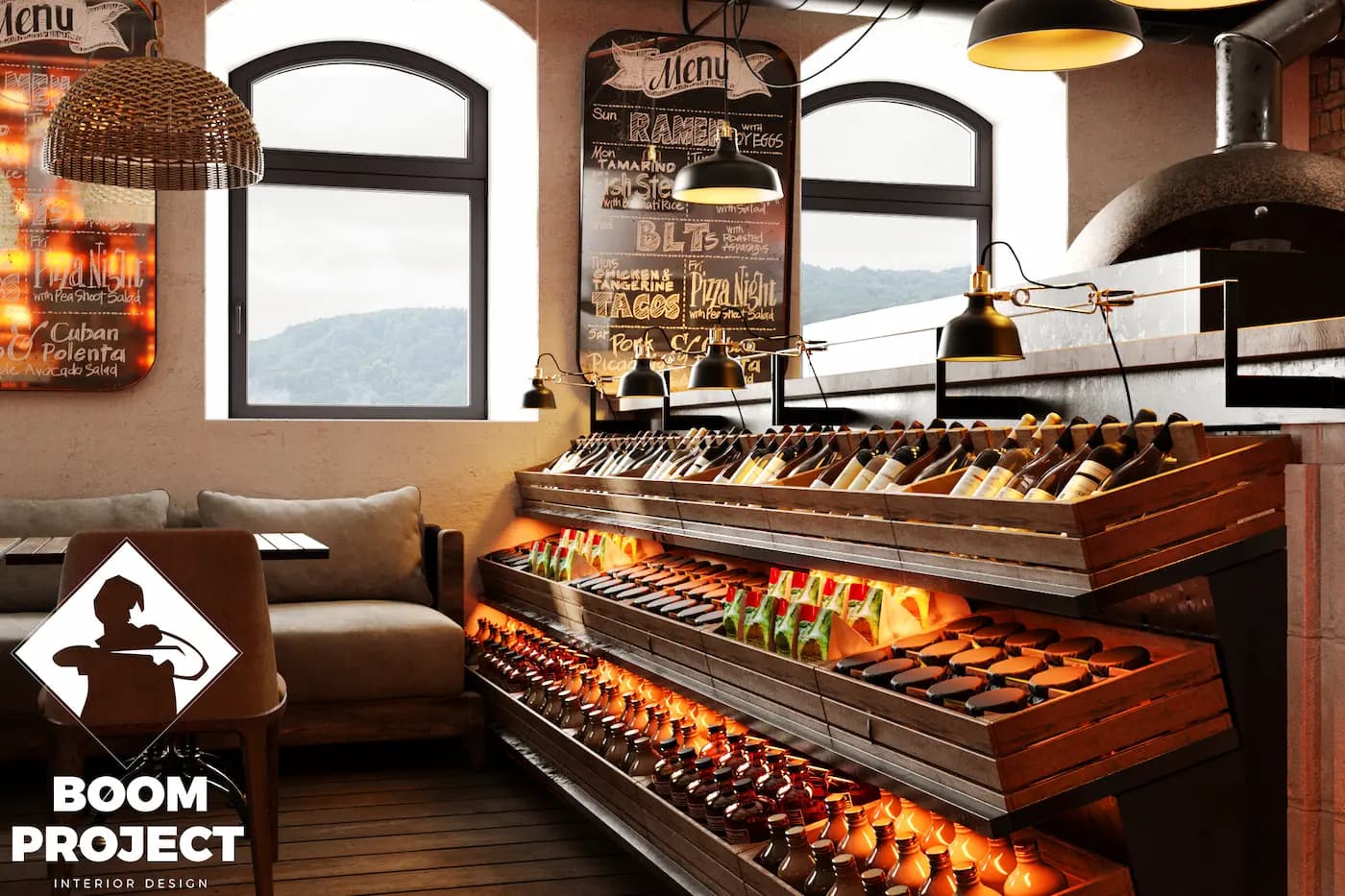 AL FORNO food display counter with illuminated shelving and terracotta details