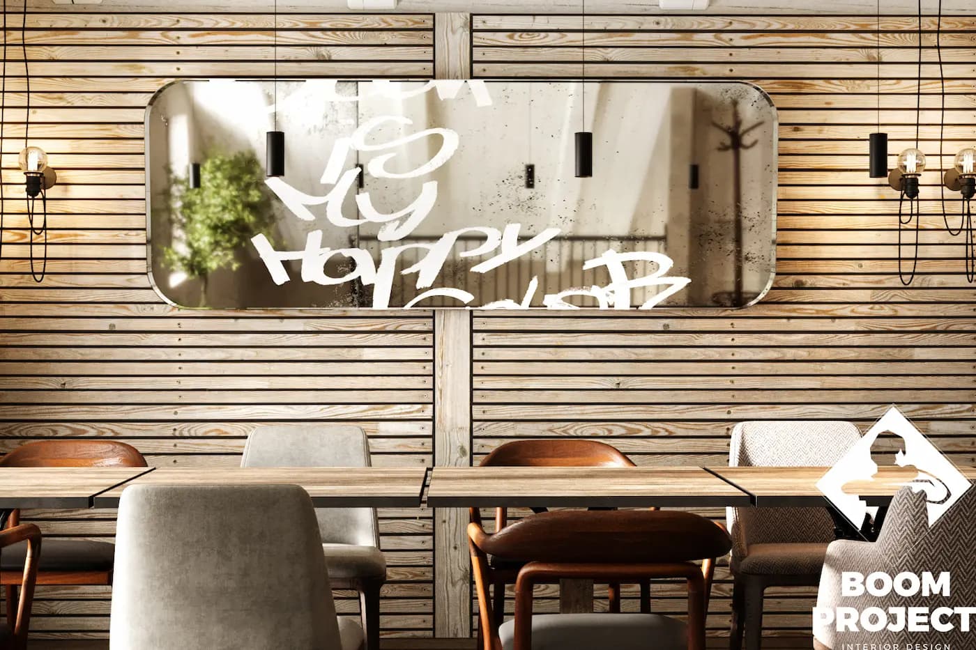 AL FORNO dining room with illuminated Italian wall graphic