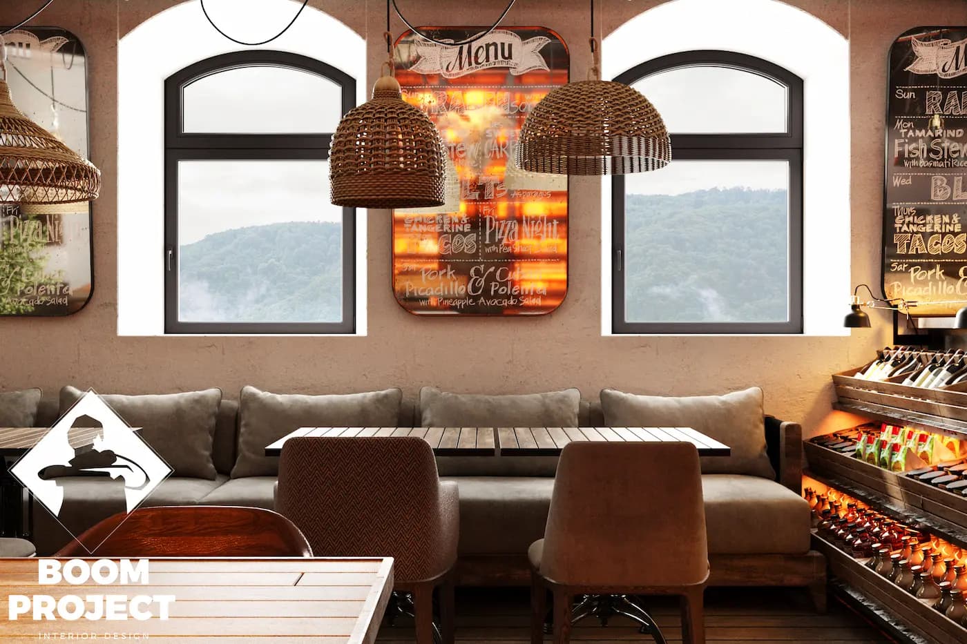 AL FORNO lounge seating with fireplace and suspended floral installation