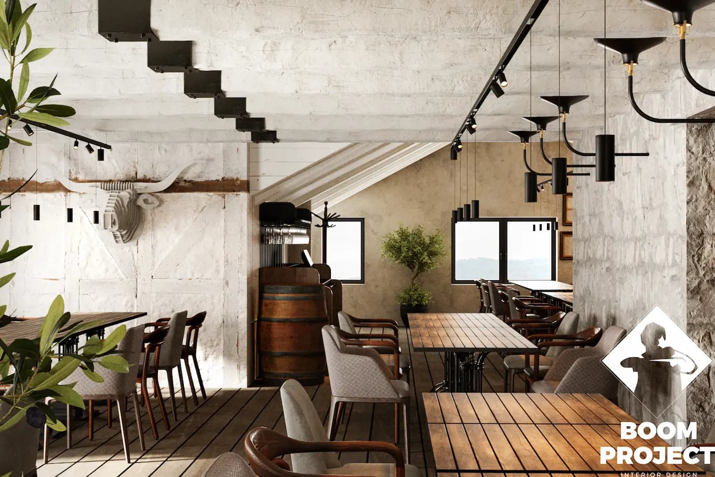 AL FORNO rustic dining area with timber furniture and wine barrels