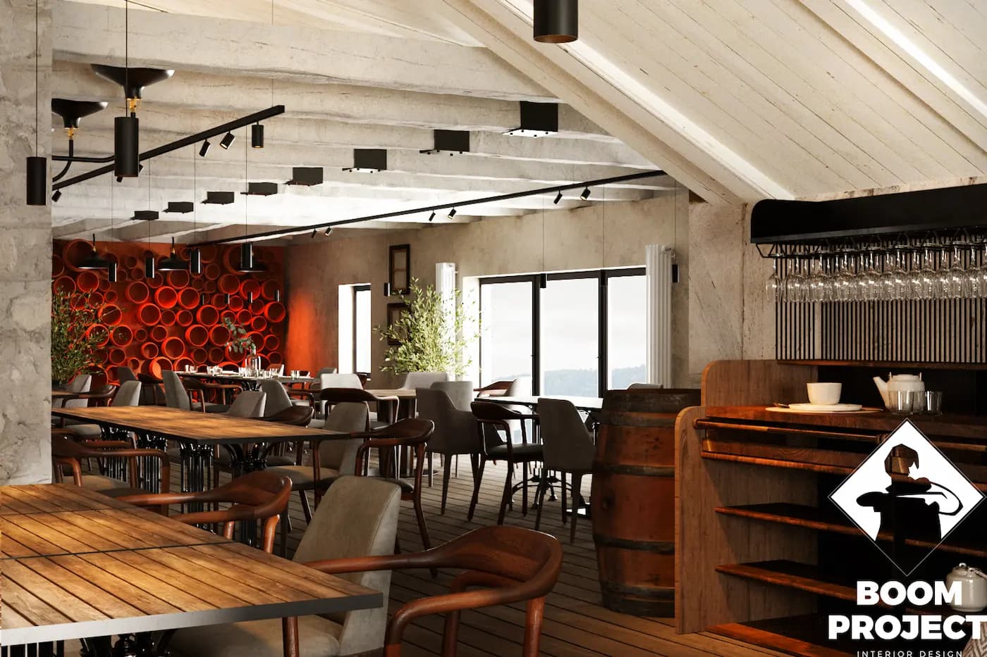 AL FORNO open dining room with black ceiling lights and terracotta accents