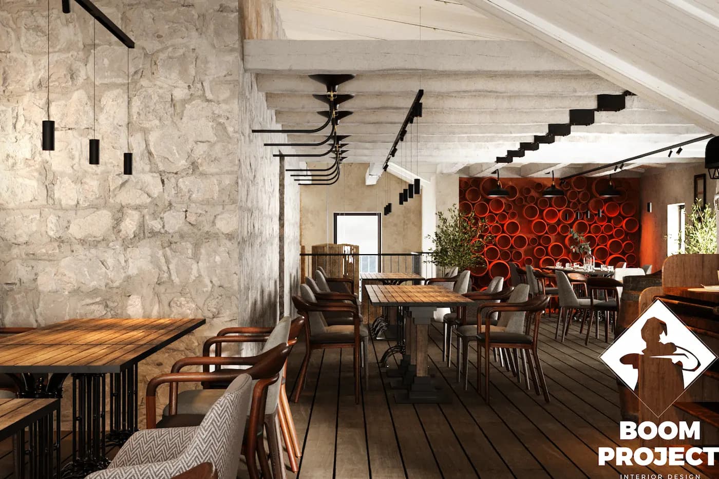 AL FORNO dining hall with long tables and layered botanical installation
