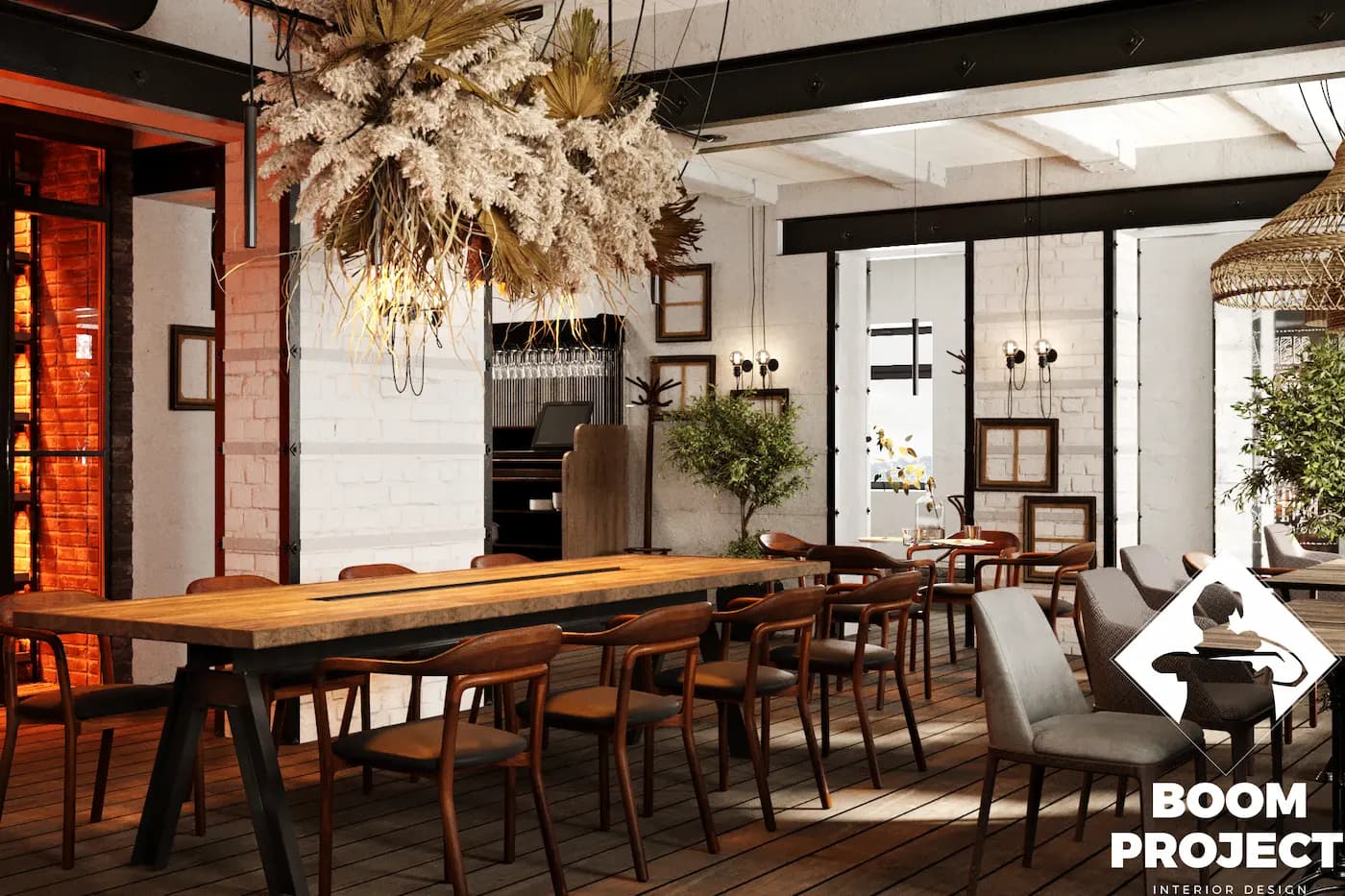AL FORNO window-side dining area with timber tables and upholstered chairs
