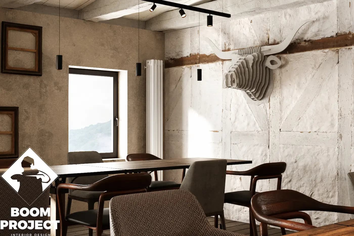 AL FORNO quiet window seating with textured walls and dark timber table