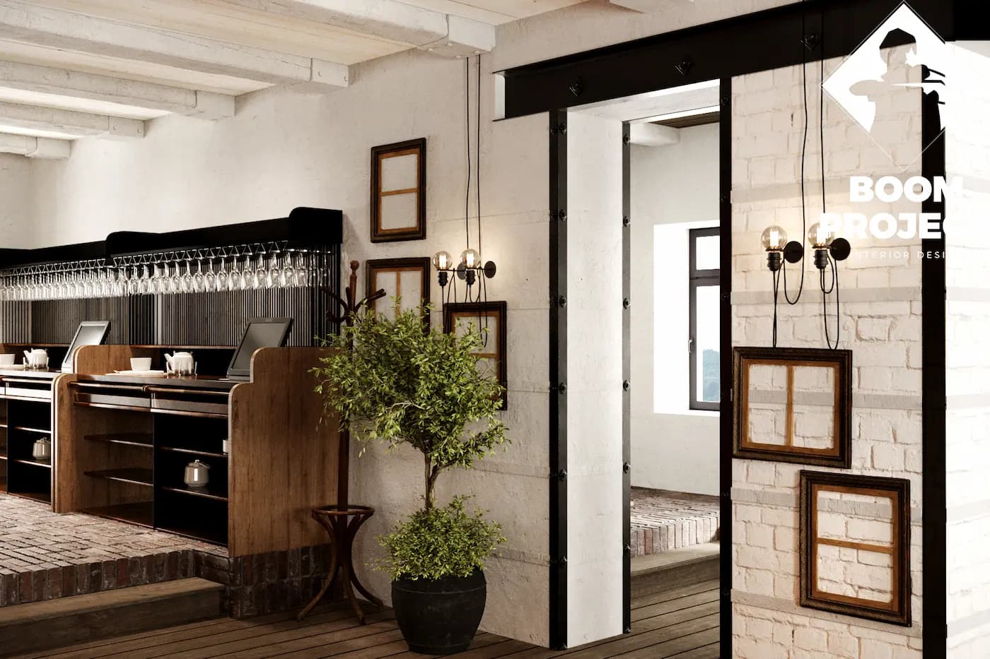 AL FORNO restaurant interior with fireplace and open shelving