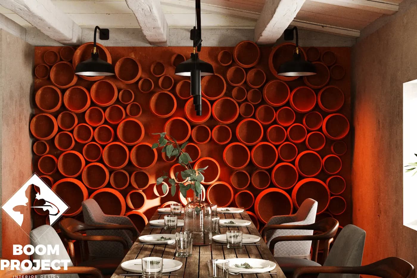 AL FORNO terracotta feature wall with circular ceramic elements