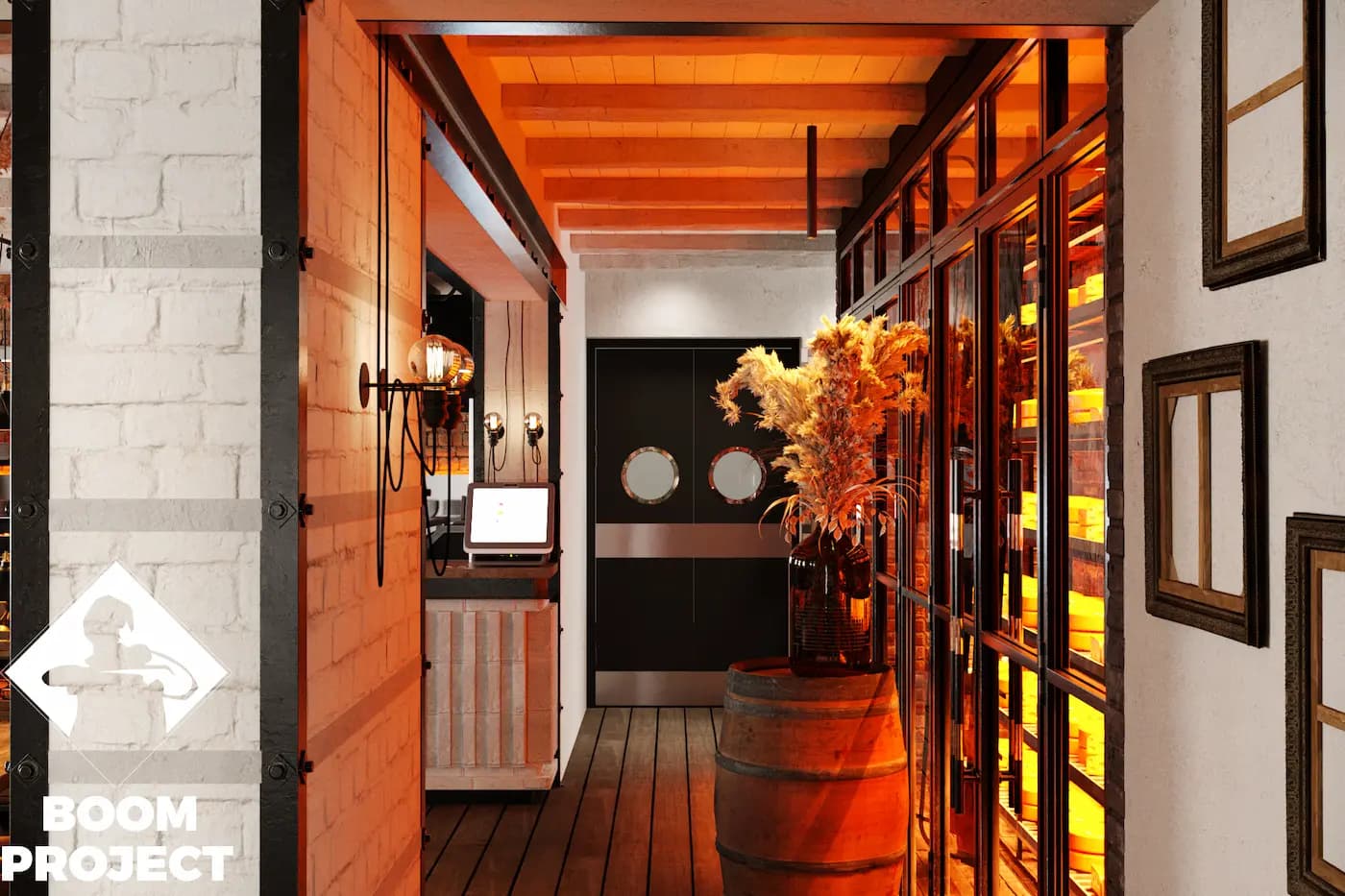 AL FORNO entrance passage illuminated by warm orange lighting