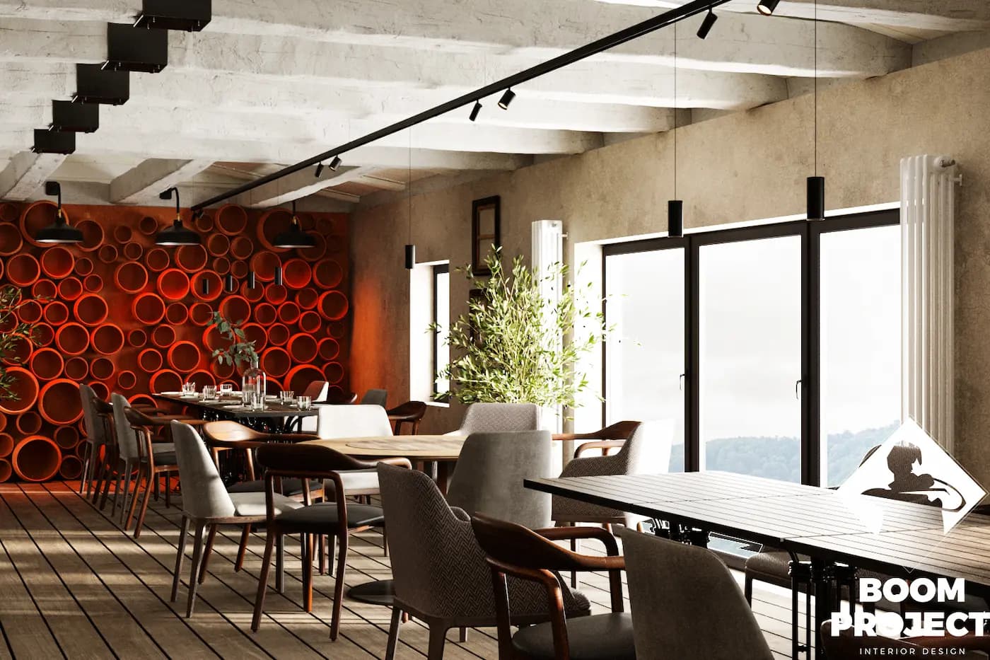 AL FORNO bright window-side dining zone with natural timber furniture