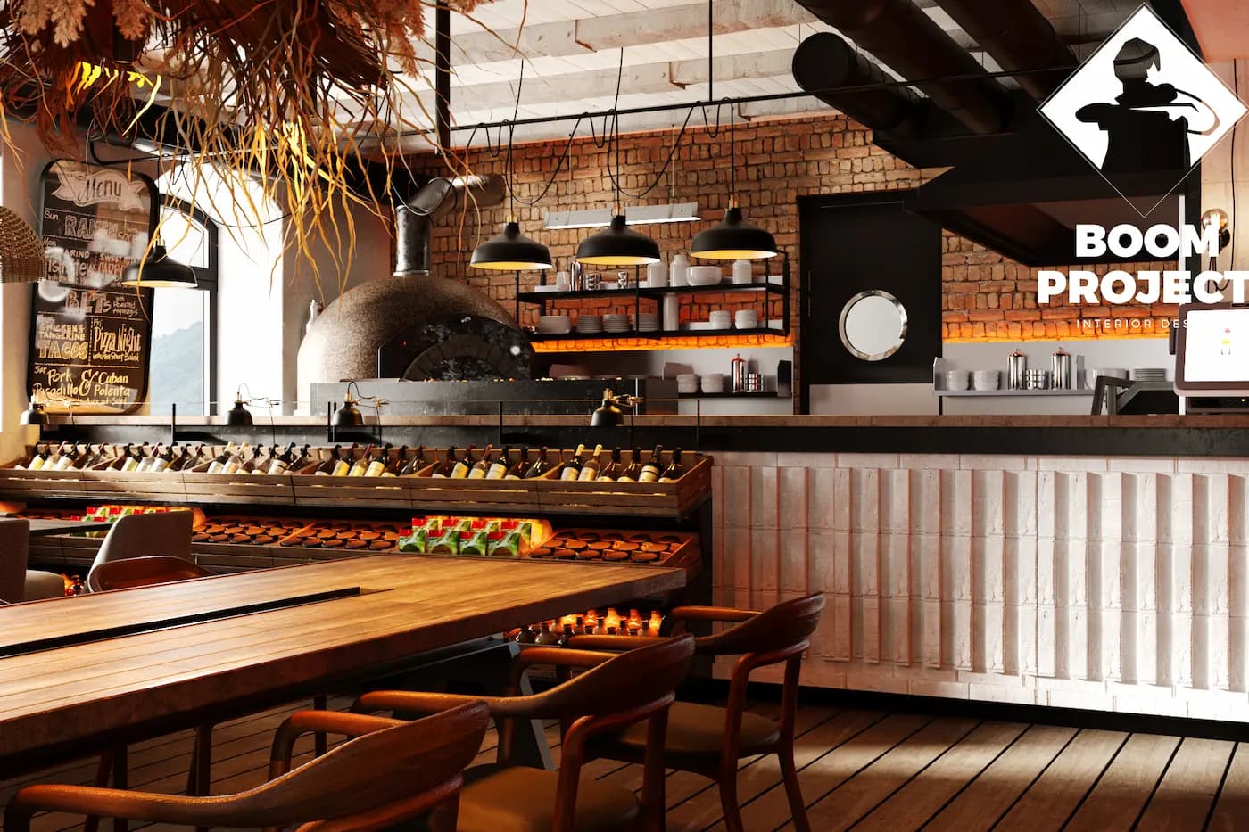 AL FORNO restaurant dining area with open kitchen and natural timber furniture