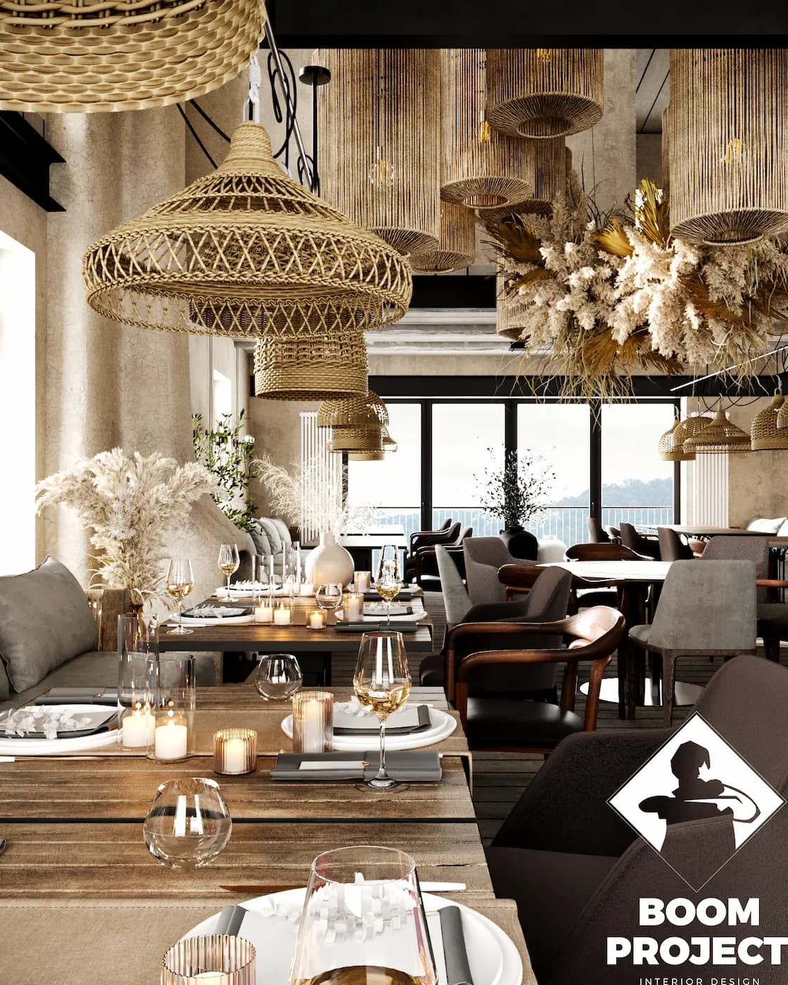 AL FORNO dining room with fireplace and suspended botanical installation