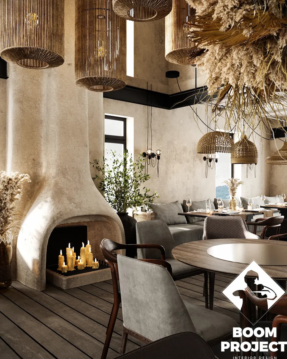 AL FORNO sculptural fireplace surrounded by soft lounge seating