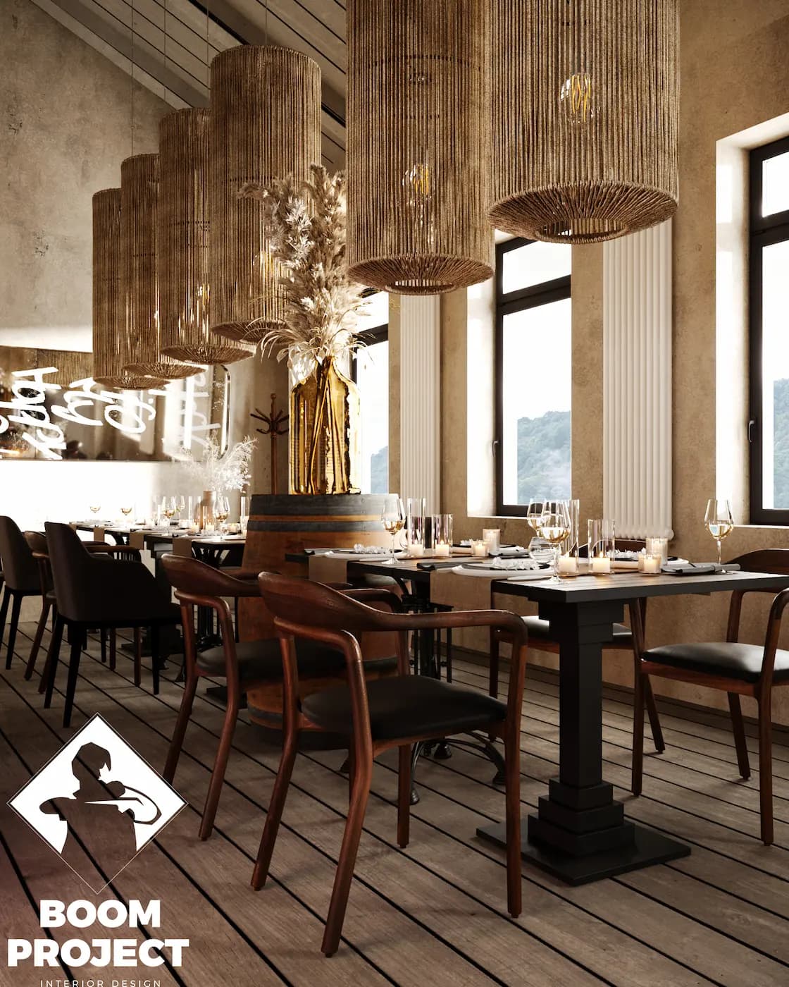 AL FORNO restaurant interior with timber tables and dried-flower ceiling