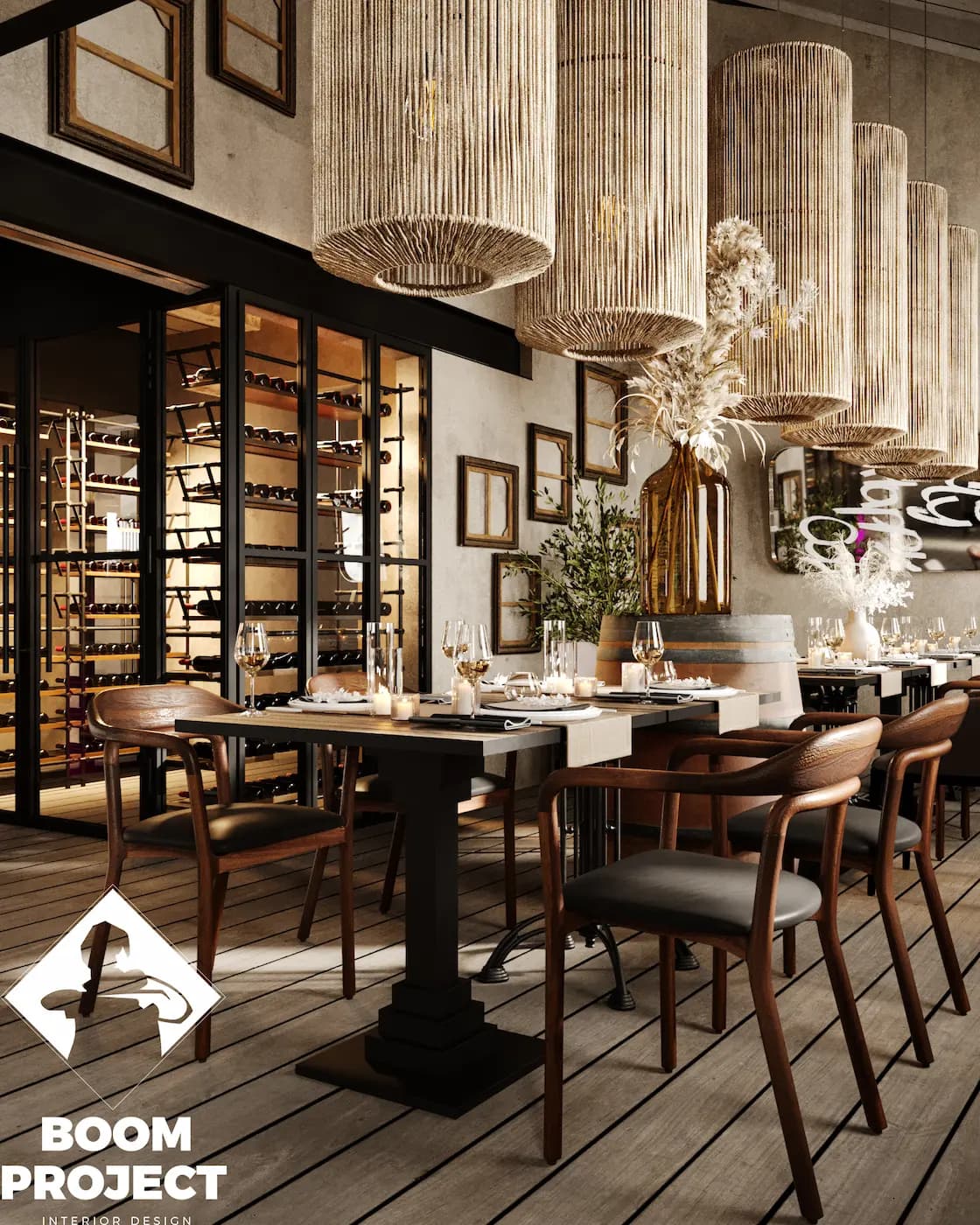 AL FORNO dining room framed by black metal wine shelving