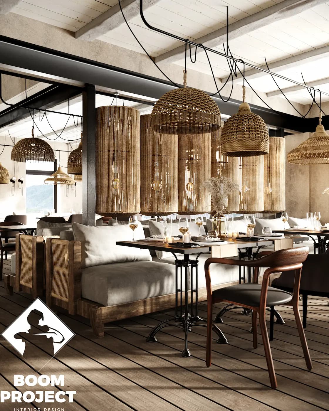 AL FORNO bright dining area beneath a suspended botanical canopy