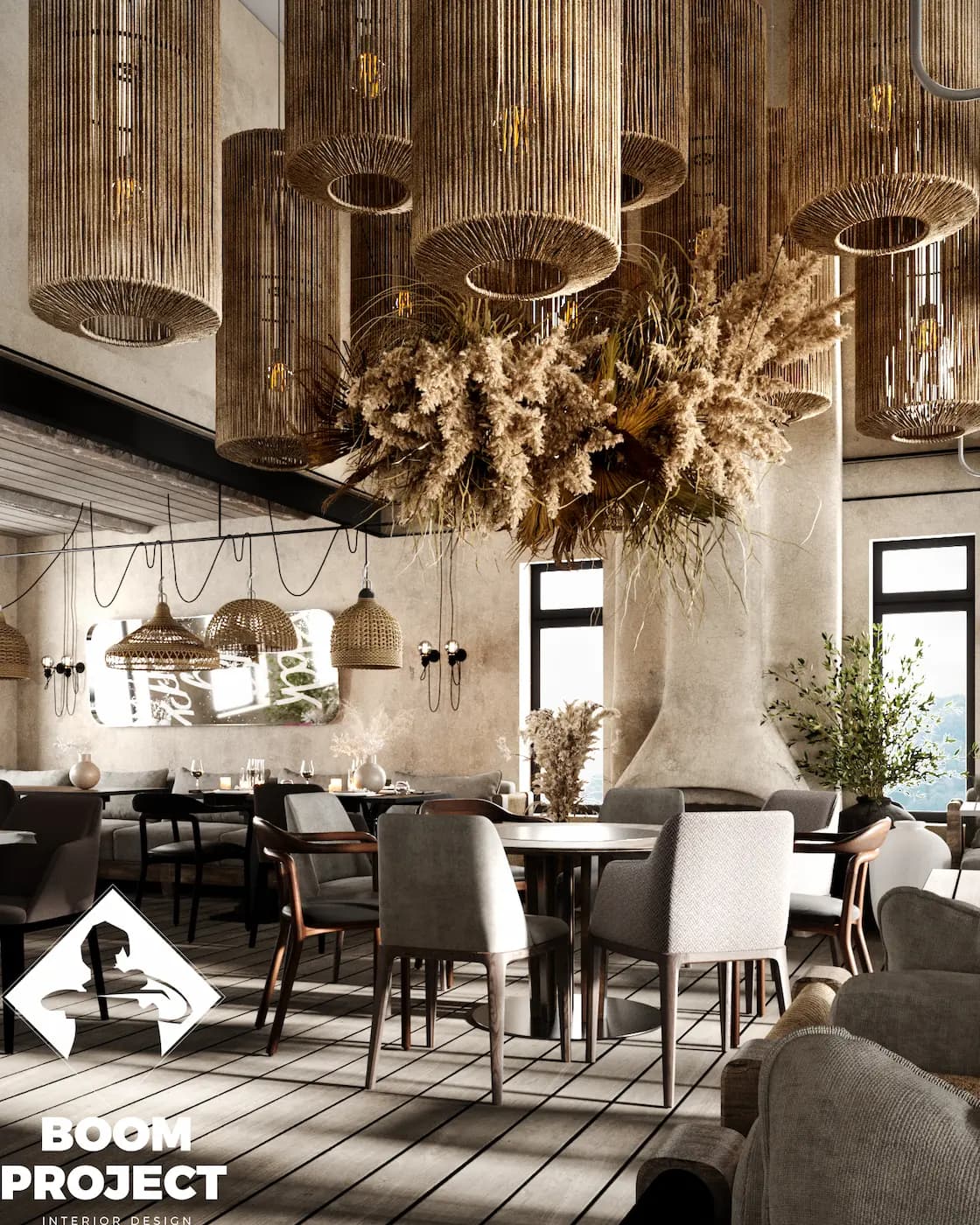 AL FORNO open restaurant interior with fireplace and textured plaster walls