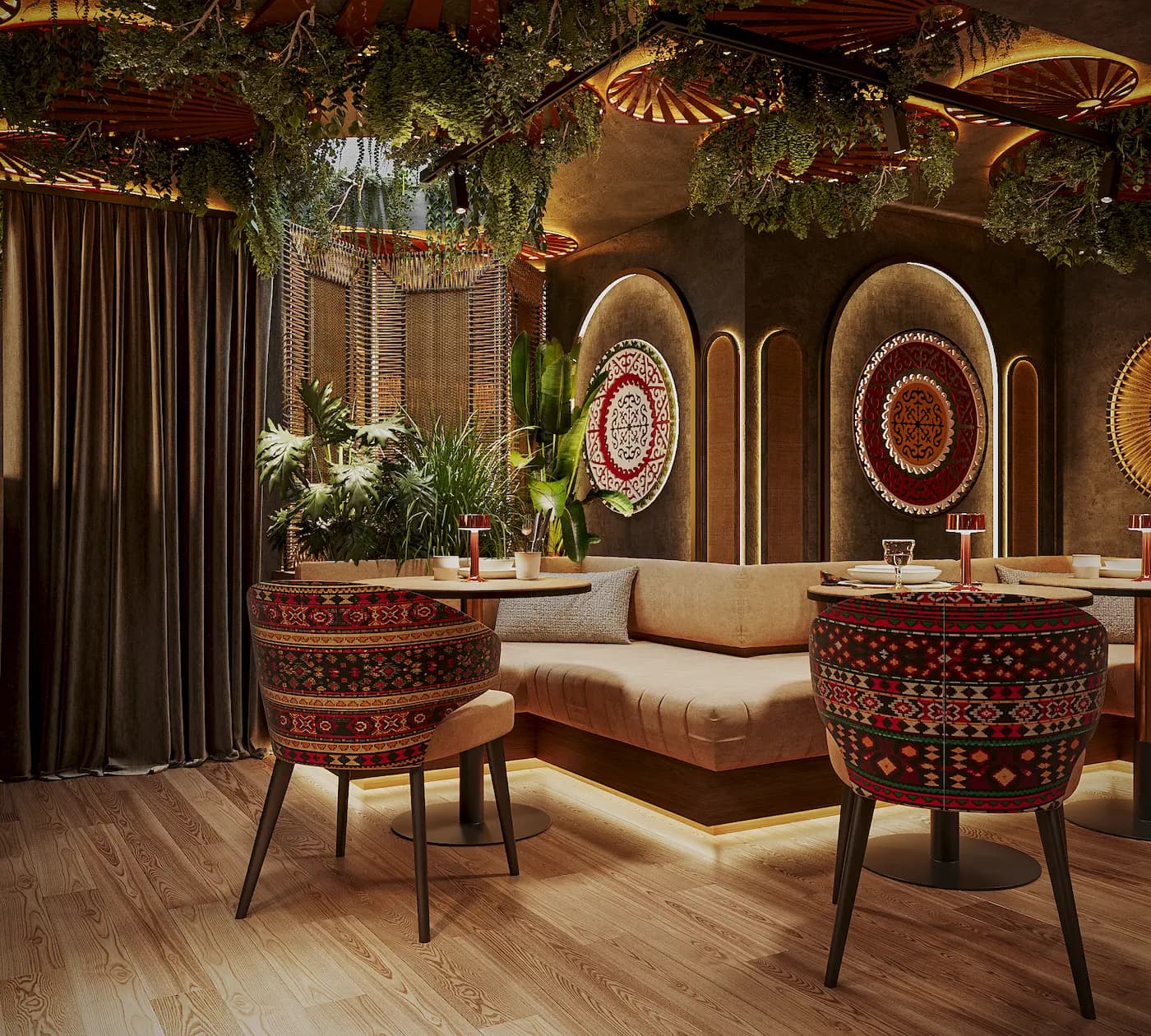 Chaihana restaurant in Vienna with tropical greenery, patterned ceiling panels and vibrant red accents