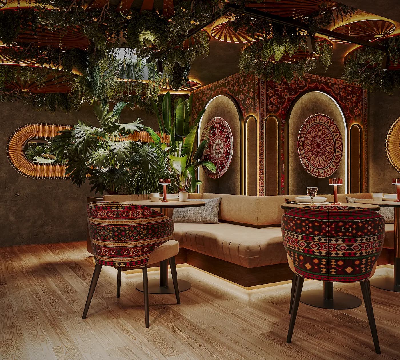 Intimate dining booth with carved arches, ornamental wall medallions and patterned upholstery