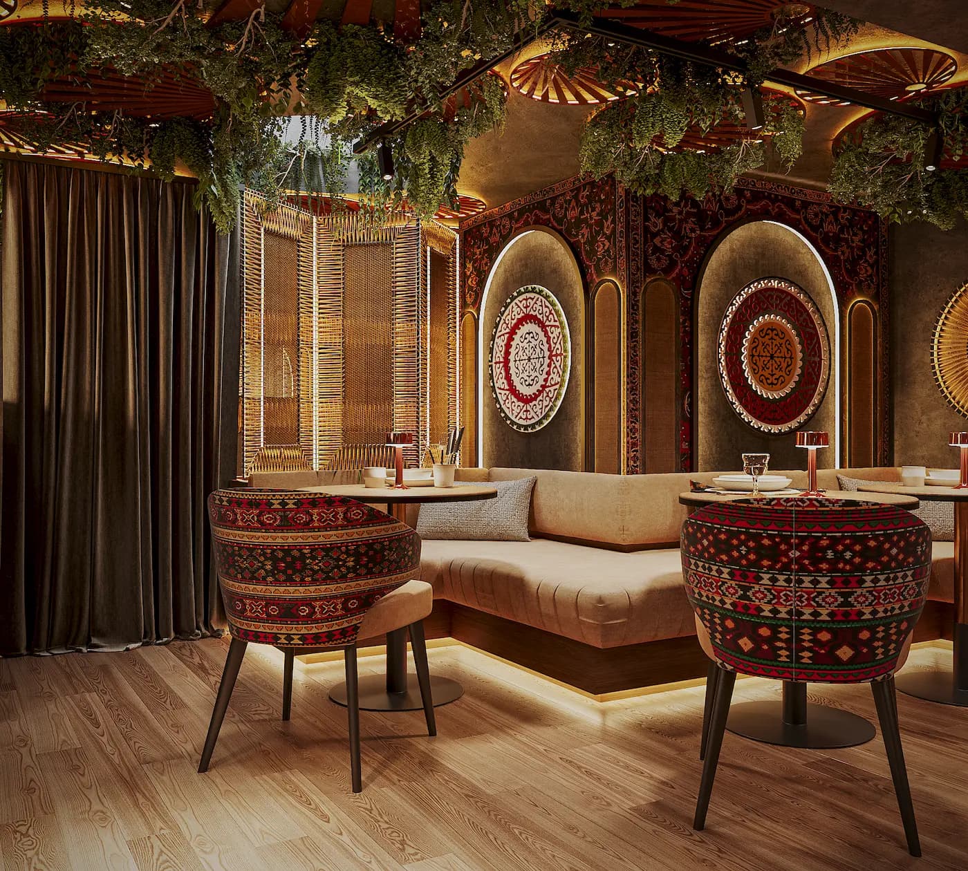Central Asian restaurant seating area with botanical decor, decorative arches and custom furniture