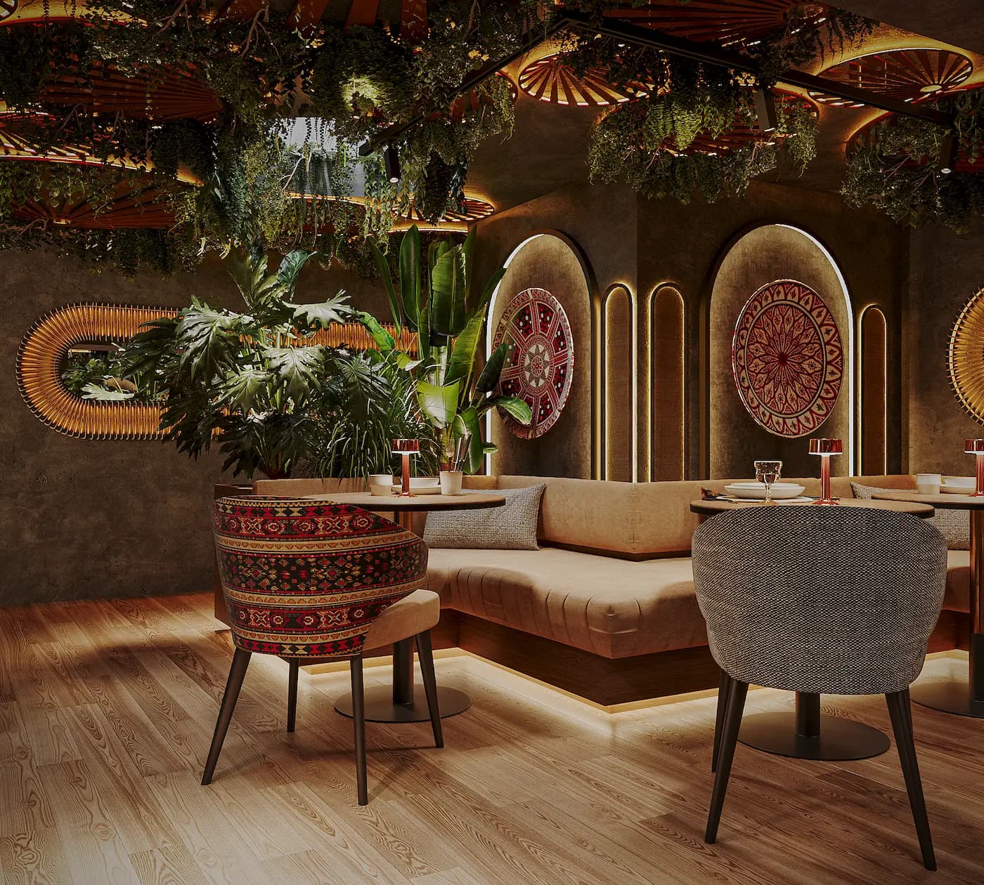 Chaihana dining booth framed by dark curtains, carved details and illuminated wall ornaments