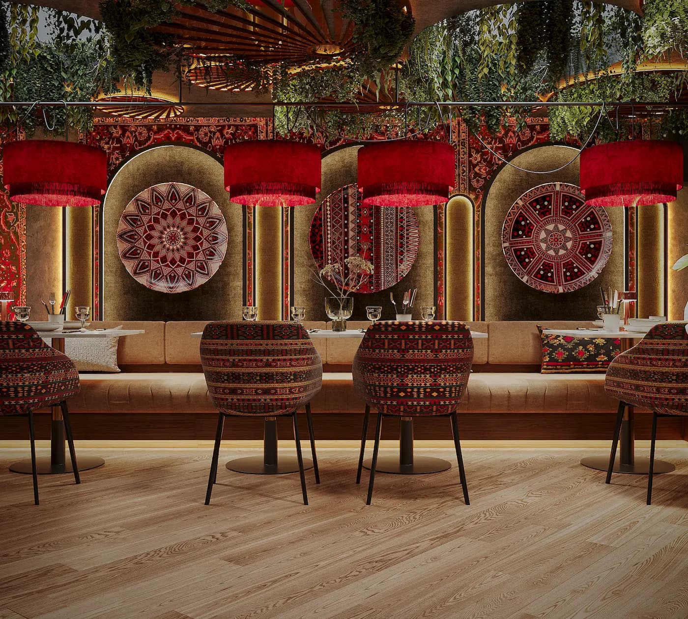 Restaurant interior with French colonial furniture, lush greenery and Central Asian decorative patterns