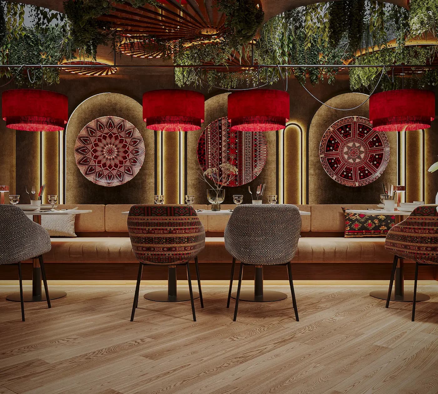 Chaihana dining area with red lampshades, ornamental medallions and dark timber furniture