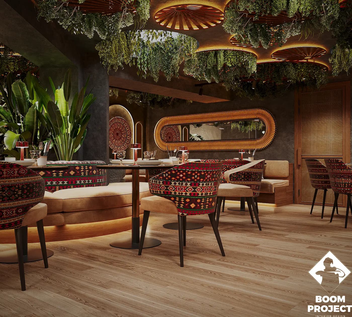 Elegant restaurant seating with patterned wall panels, woven chairs and geometric flooring