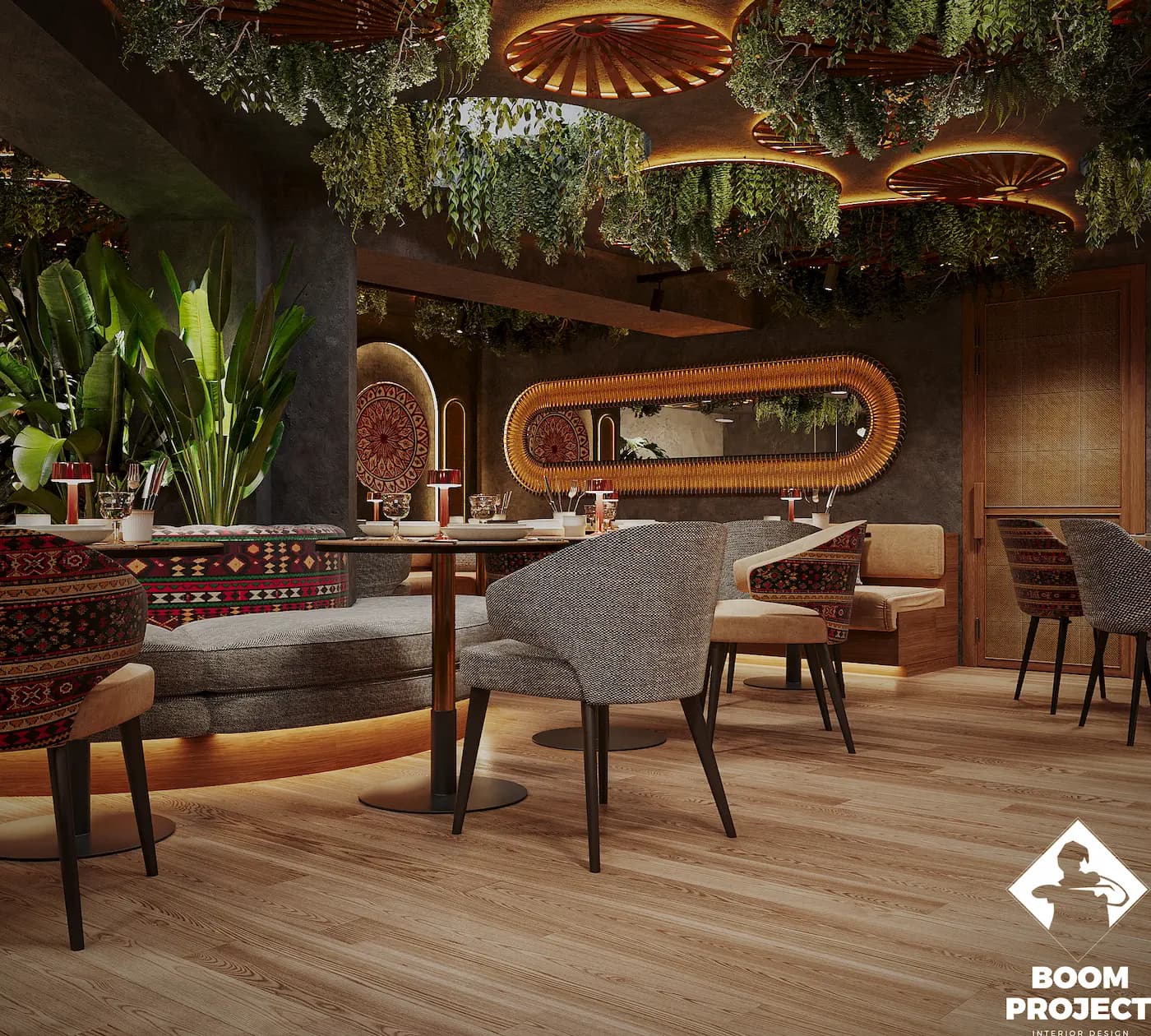 French colonial-inspired dining area with tropical plants, decorative mirrors and woven furniture