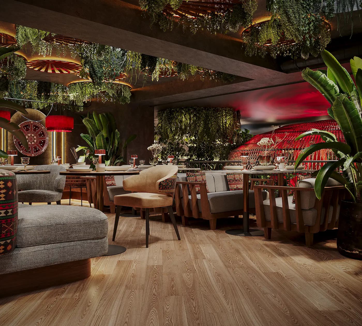 Chaihana restaurant interior with botanical ceiling decor, patterned seating and warm lighting