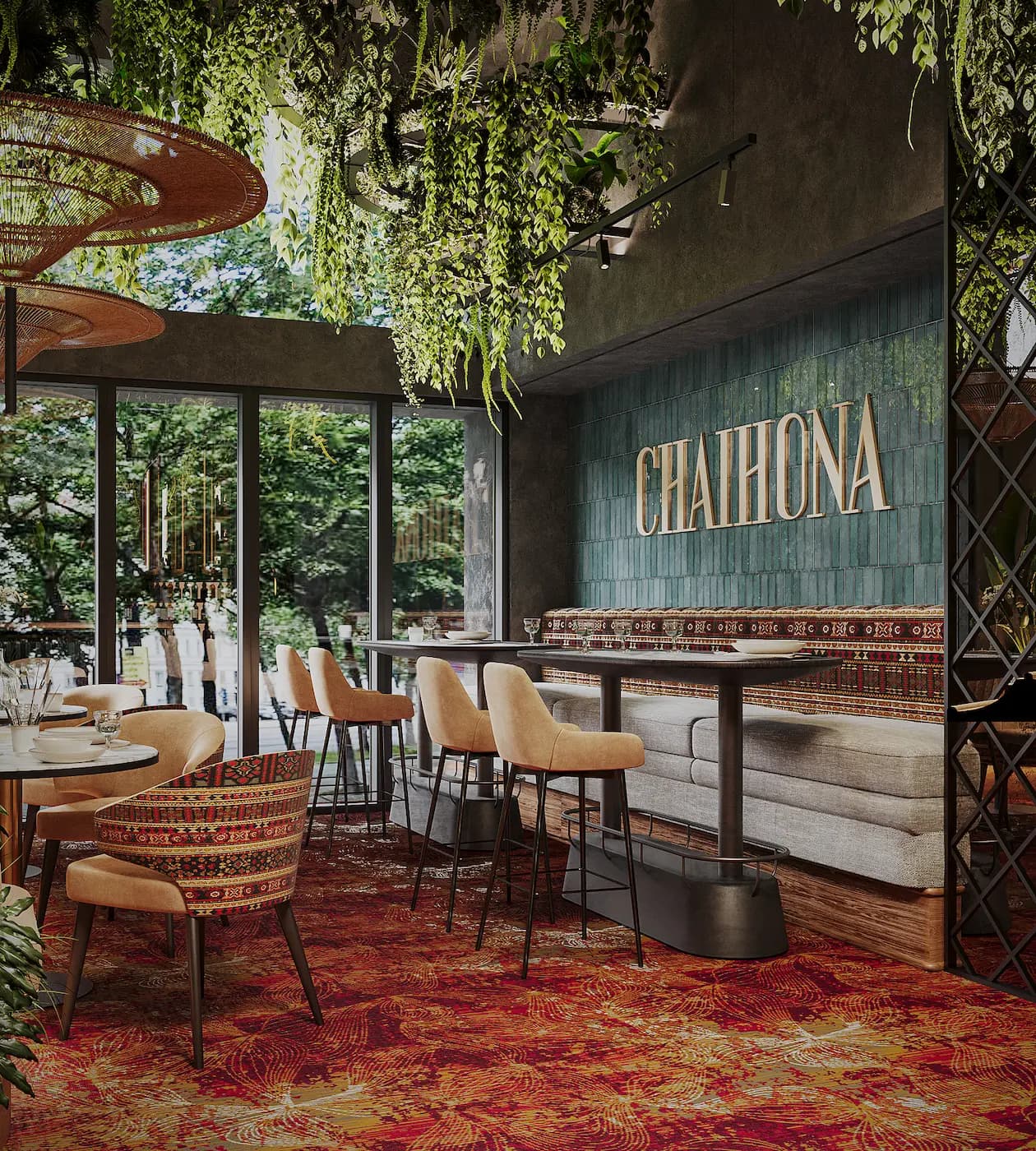 Chaihana restaurant in Vienna with tropical greenery, patterned ceiling panels and colourful Central Asian dining furniture