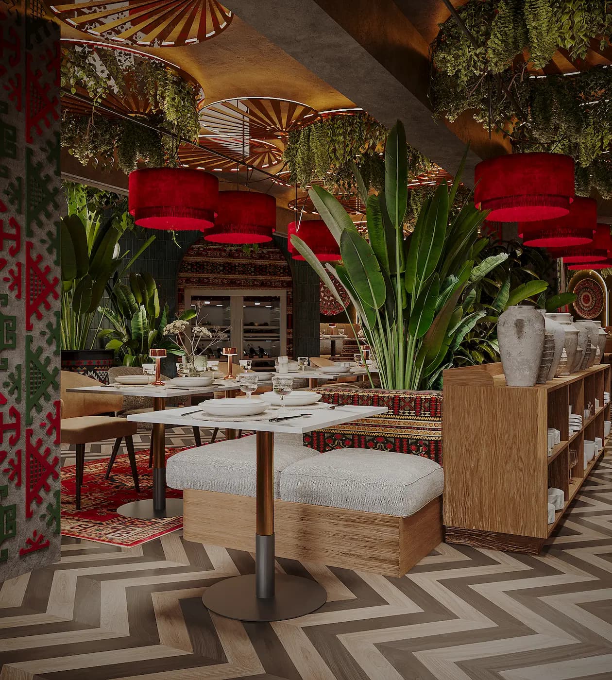 Restaurant bar with dark timber, botanical wall graphics and French colonial-inspired details