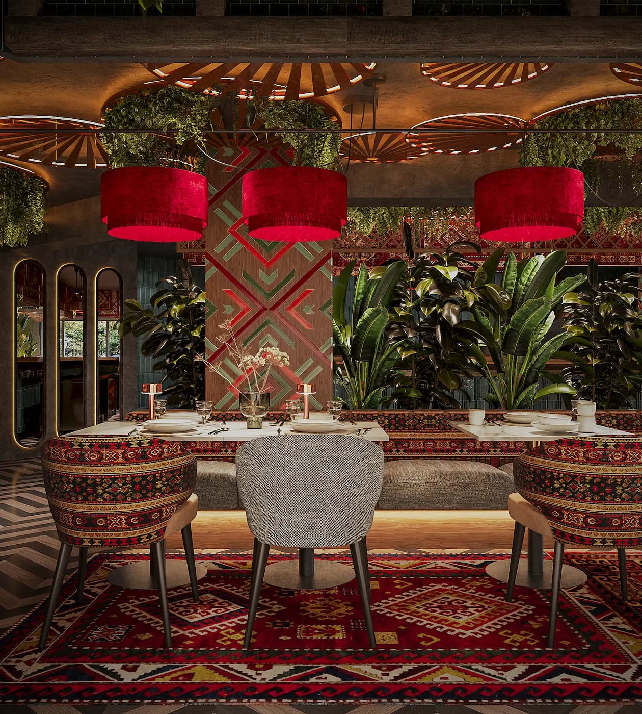Chaihana dining area with red upholstered booths, ornamental patterns and abundant tropical planting