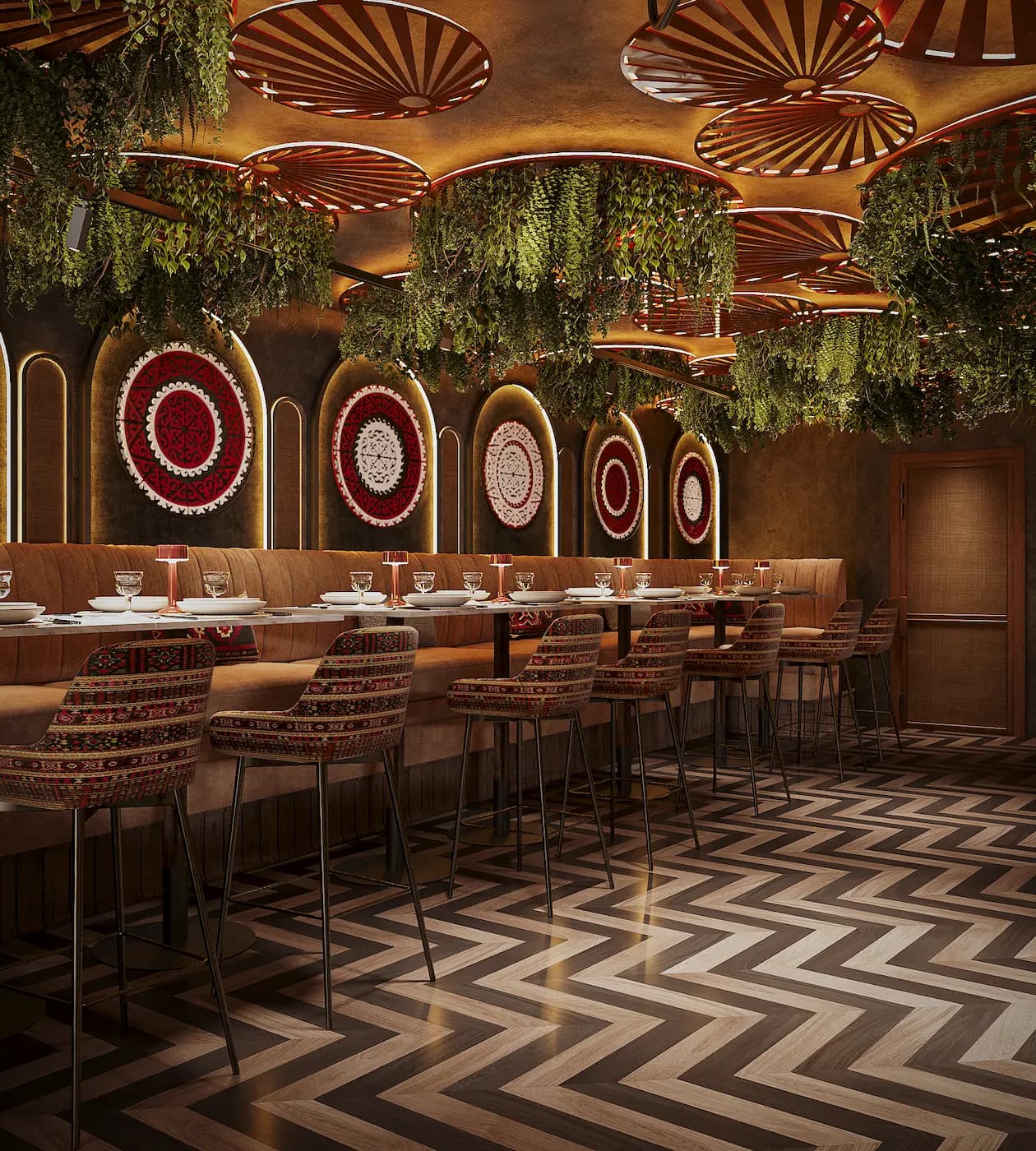 Vibrant restaurant interior with red ceiling features, custom lighting and patterned furniture